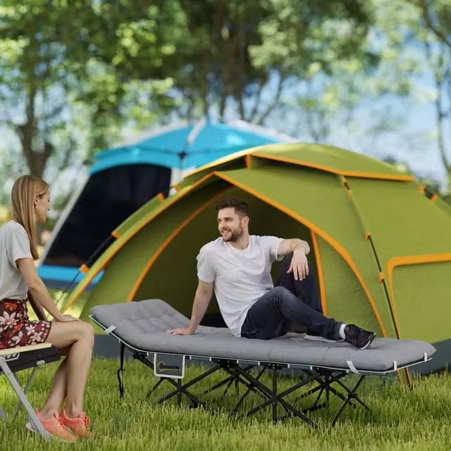 Outsunny Grey Folding Camping Bed with Carry Bag and Side Compartments