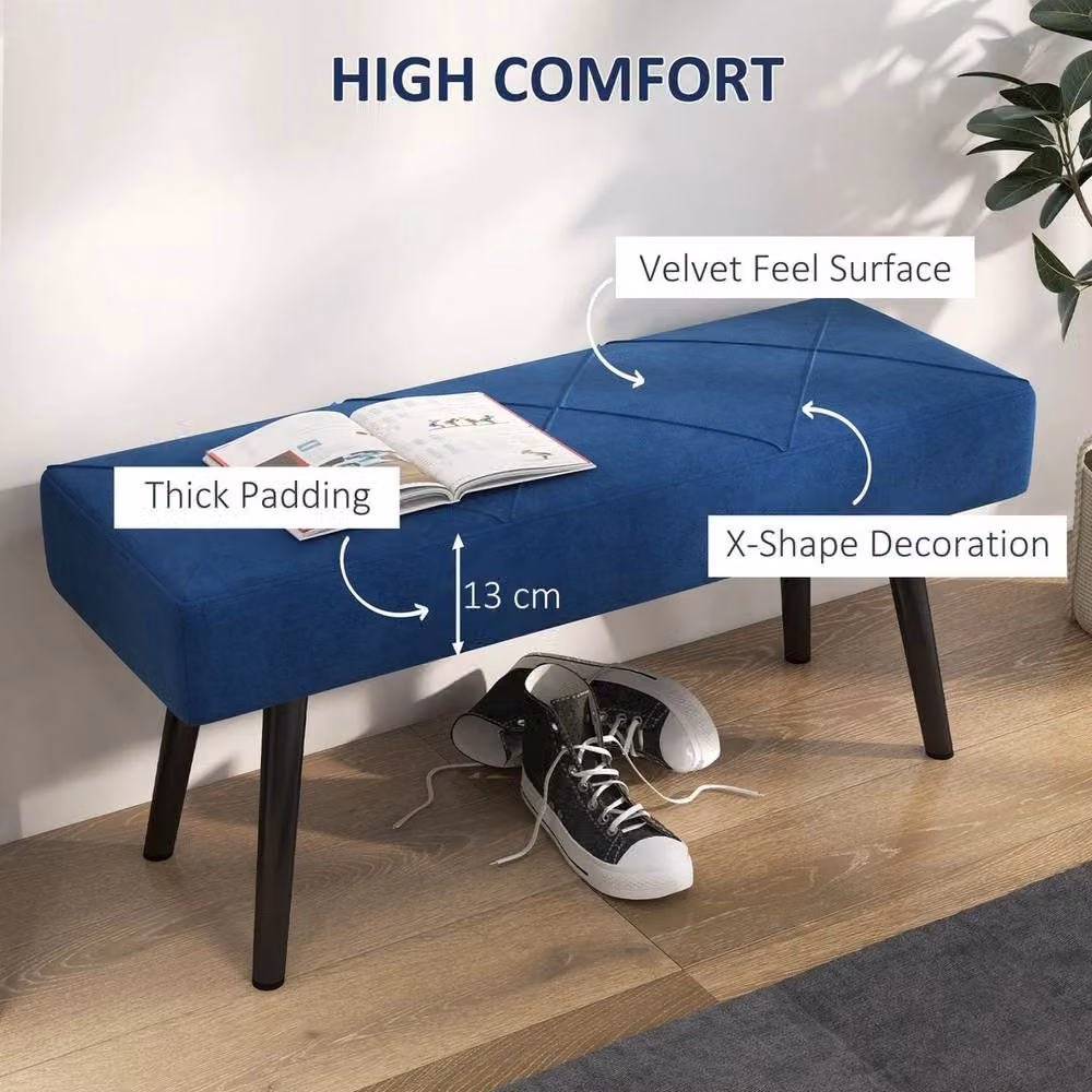 Havendro Blue Velvet Upholstered End of Bed Bench with Metal Legs, W: 120 cm, D: 45 cm, H: 36 cm – 5