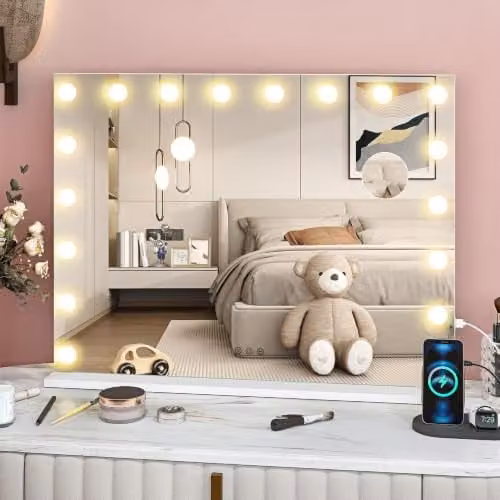 HOMCOM White Tabletop Vanity Mirror with Dimmable LED Lights and Touch Switch, W: 80 cm, H: 62 cm – 1