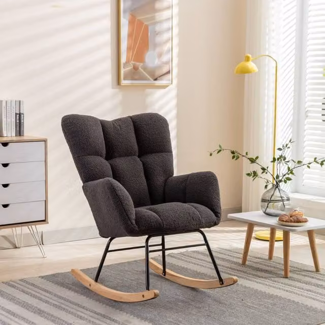 Direct Wicker Modern Teddy Bouclé Fabric Tufted Upholstered Rocking Chair with Armrests in Dark Grey