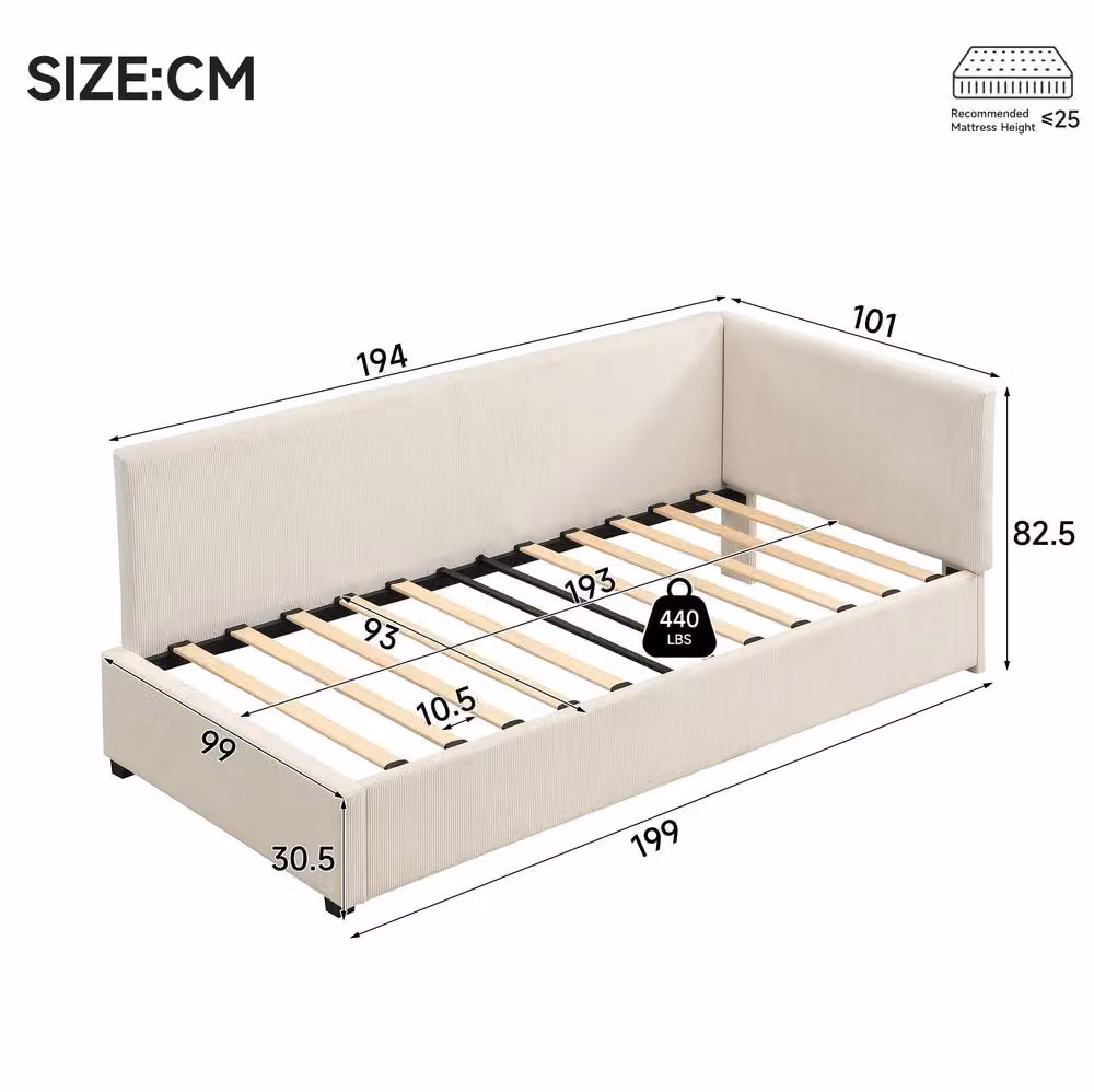 STILVORA Single Upholstered Bed in Beige, W/D/H: 90 x 190 cm – 2