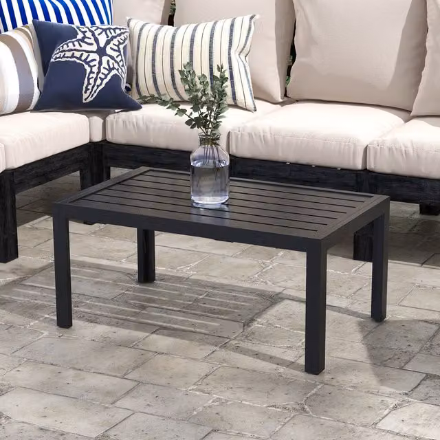 Outsunny Black Metal Outdoor Coffee Table with Slat Tabletop and Galvanised Steel Construction