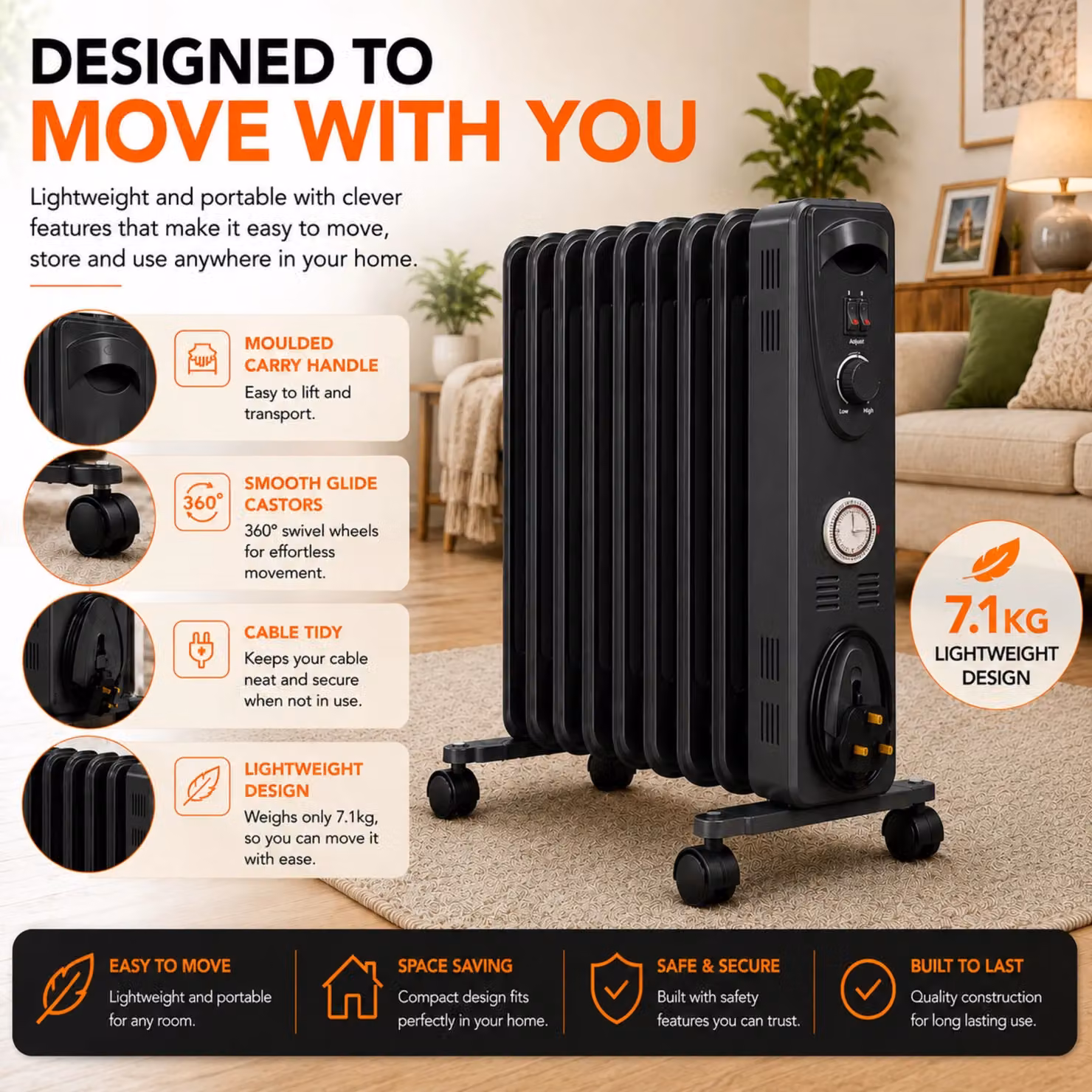 MYLEK 2kW Electric Oil Filled Radiator with Adjustable Thermostat and Timer in Black – 4