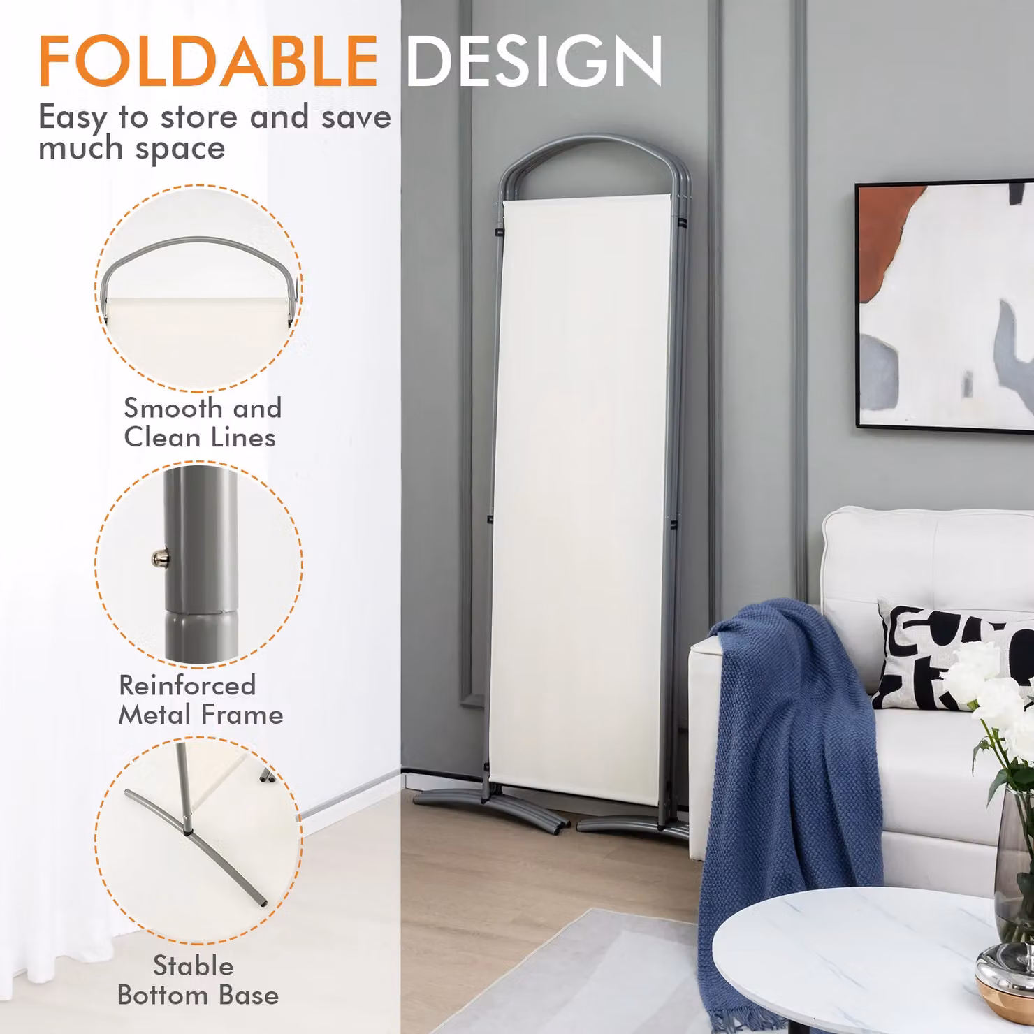 Costway 4 Panel Folding Privacy Screen Room Divider in White, Height: 188 cm – 3