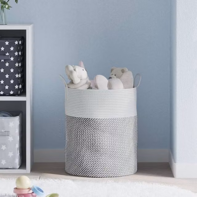 Berkfield Cotton Home Storage Basket in Grey and White W: 38 cm, H: 46 cm
