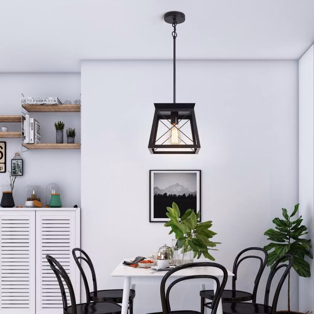 NIVOR Black Metal Farmhouse Pendant Light, Adjustable Industrial Cage Lantern Chandelier with Transparent Glass – 5