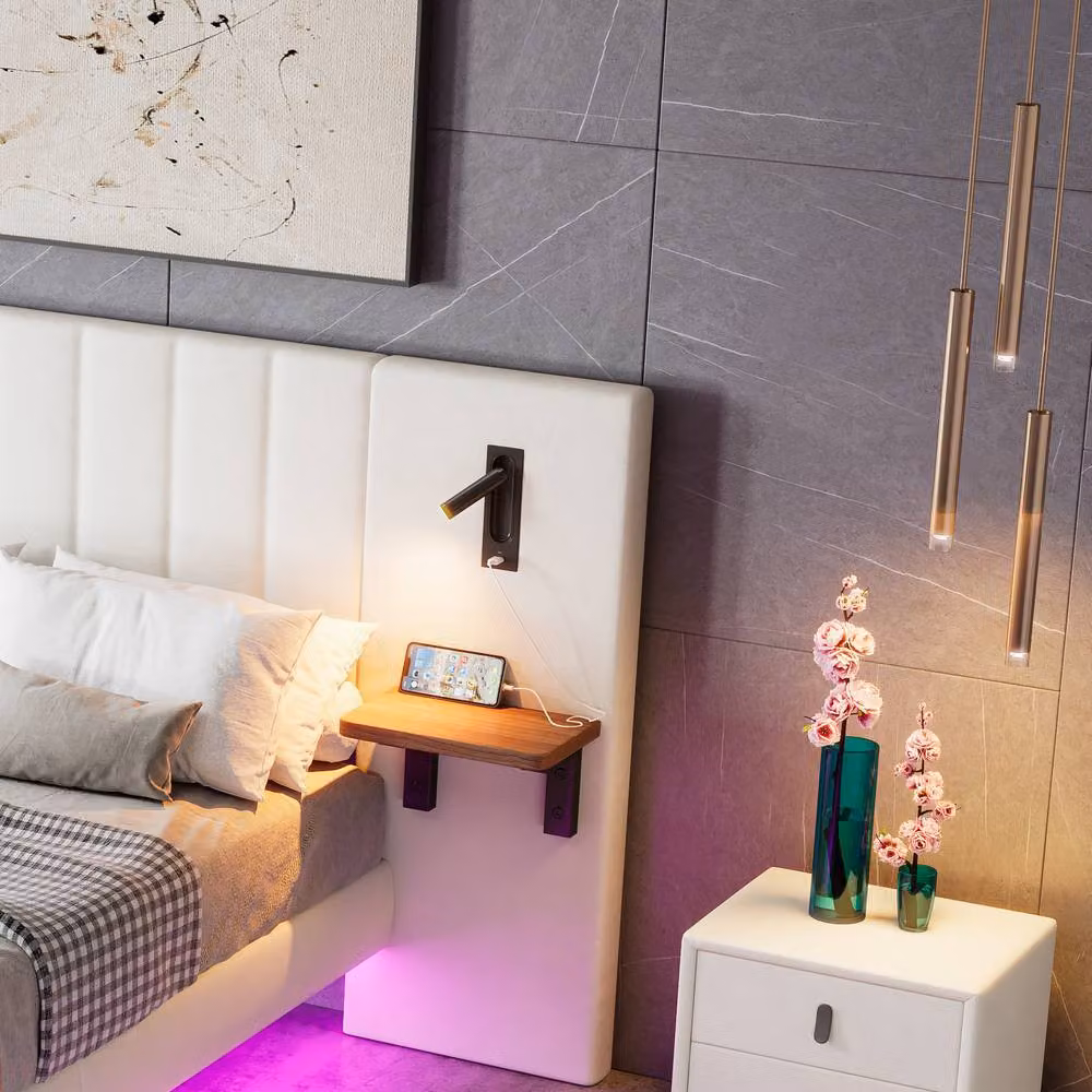 Merax Double Floating Bed Frame in White with Velvet Upholstery, LED Headboard, Reading Lights, USB Charging Port and Bedside Shelves, W/D/H: 190 x 135 x 103 cm – 4
