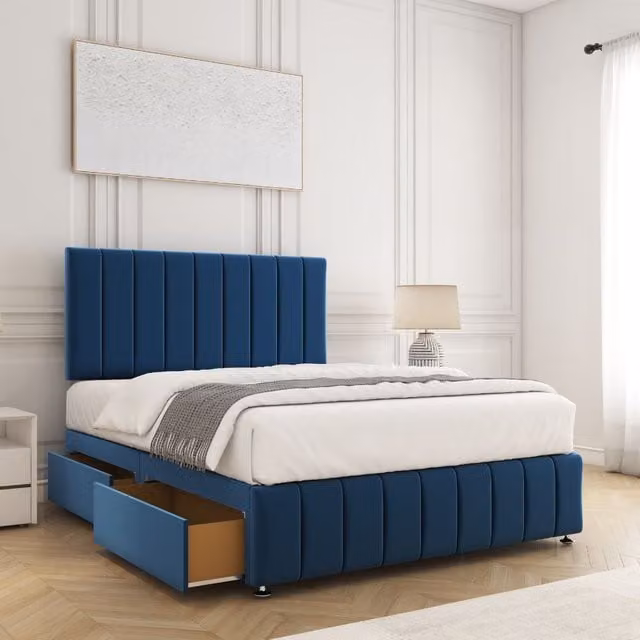 BSSPOKE Sierra Plush Single Divan Bed Set with 24 inch Headboard, 2 Drawers and Mattress in Blue