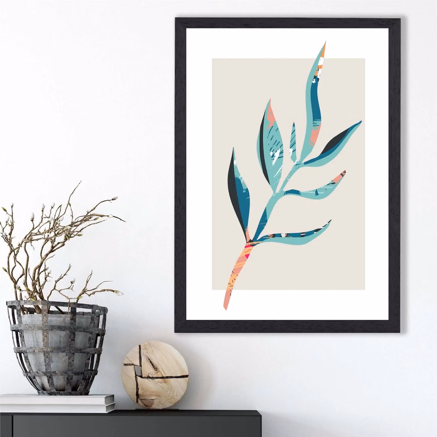 ARTZE Papyrus Leaf Blue and Pink Boho Botanical Framed Print with Black Frame – 2