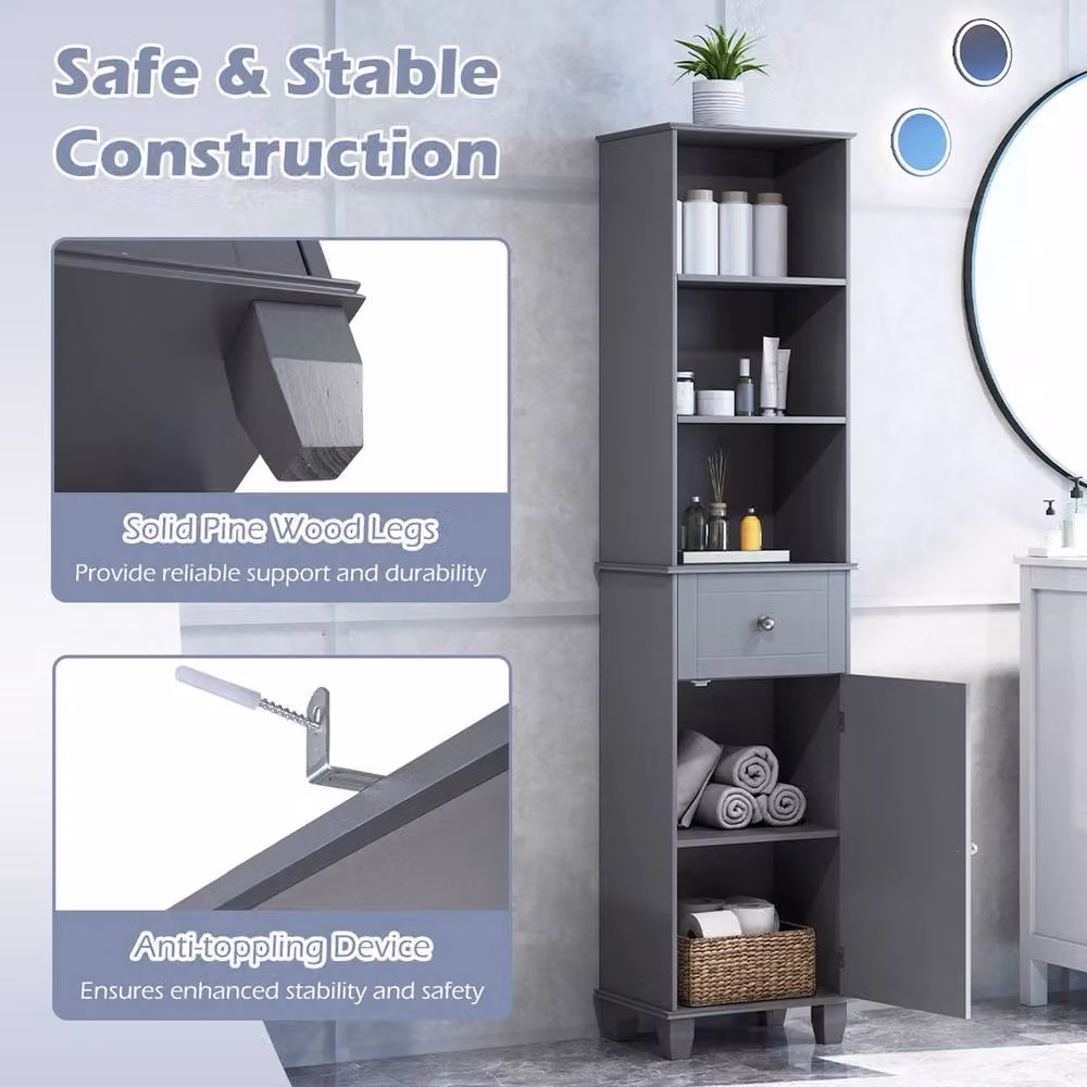 VOGREX Grey Narrow Bathroom Floor Cabinet with 3 Open Shelves, Height: 172 cm – 5