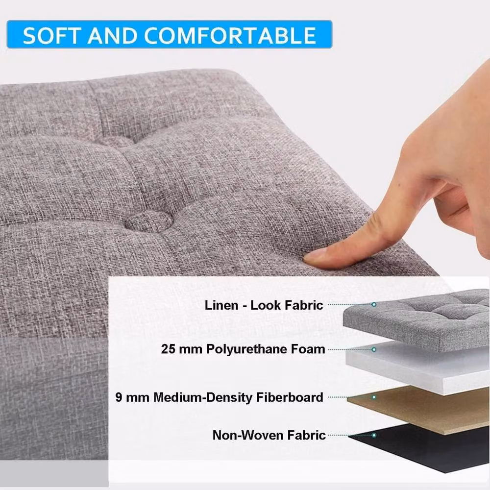 PAWNORA Grey Linen Fabric Ottoman Storage Seat Stool, W/D/H: 76 x 38 x 38 cm – 2