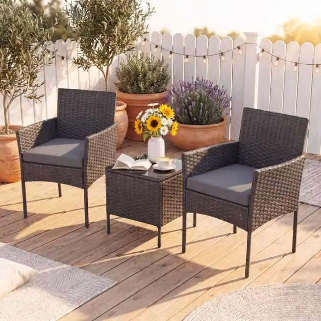 Costway 3-Piece Grey Rattan Garden Conversation Set with Cushions and Glass Top Table – 1