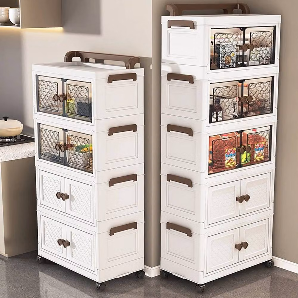 KORVIXA 3-Tier Folding Stackable Storage Box on Wheels, White, W/D/H: 67 x 45 x 23 cm – 2