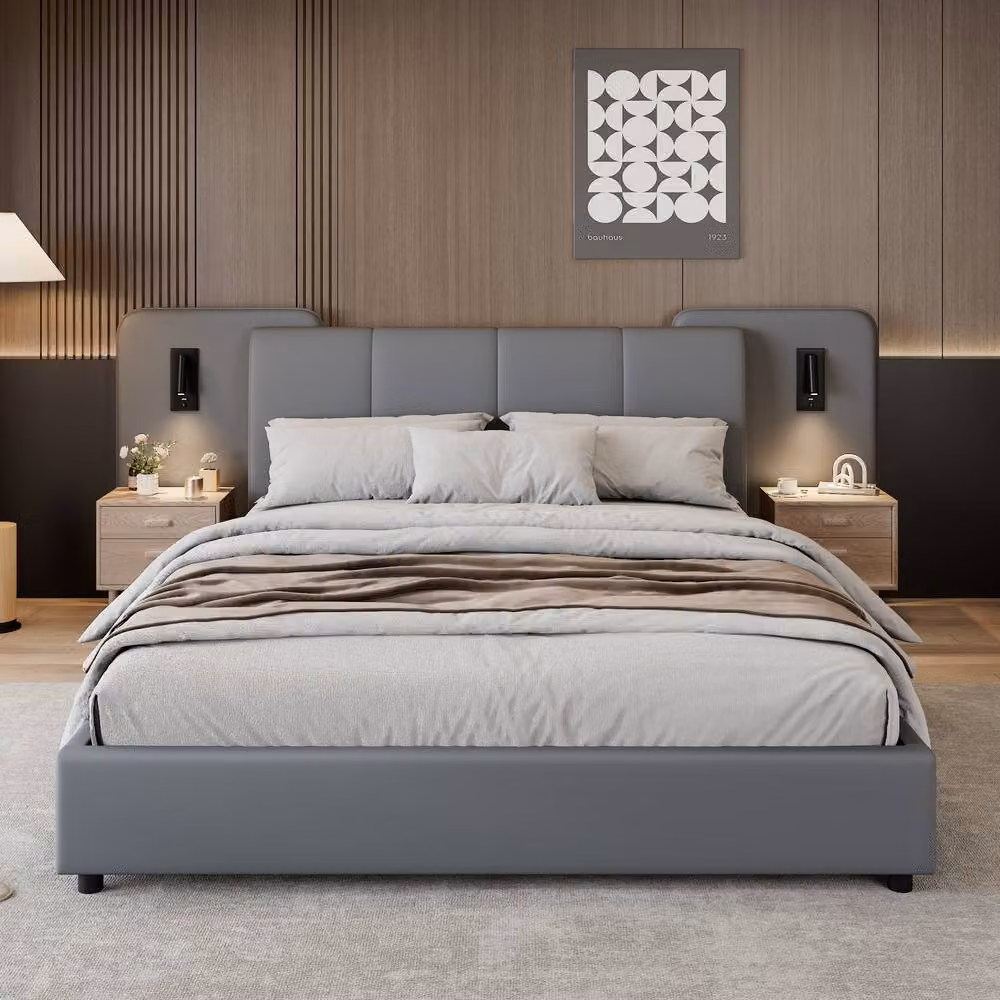 BTM Grey Upholstered PU Leather Double Bed with USB Charging Port and Under-Bed Lighting, W/D/H: 140 x 190 x 86.5 cm – 2