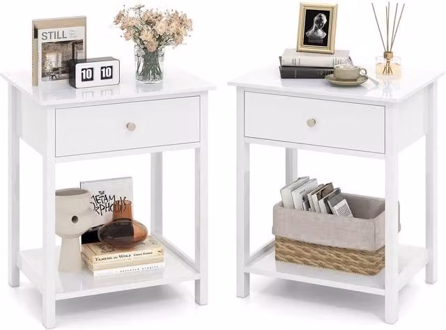 VOGREX Set of 2 Modern 2-Tier White Lacquered Nightstands