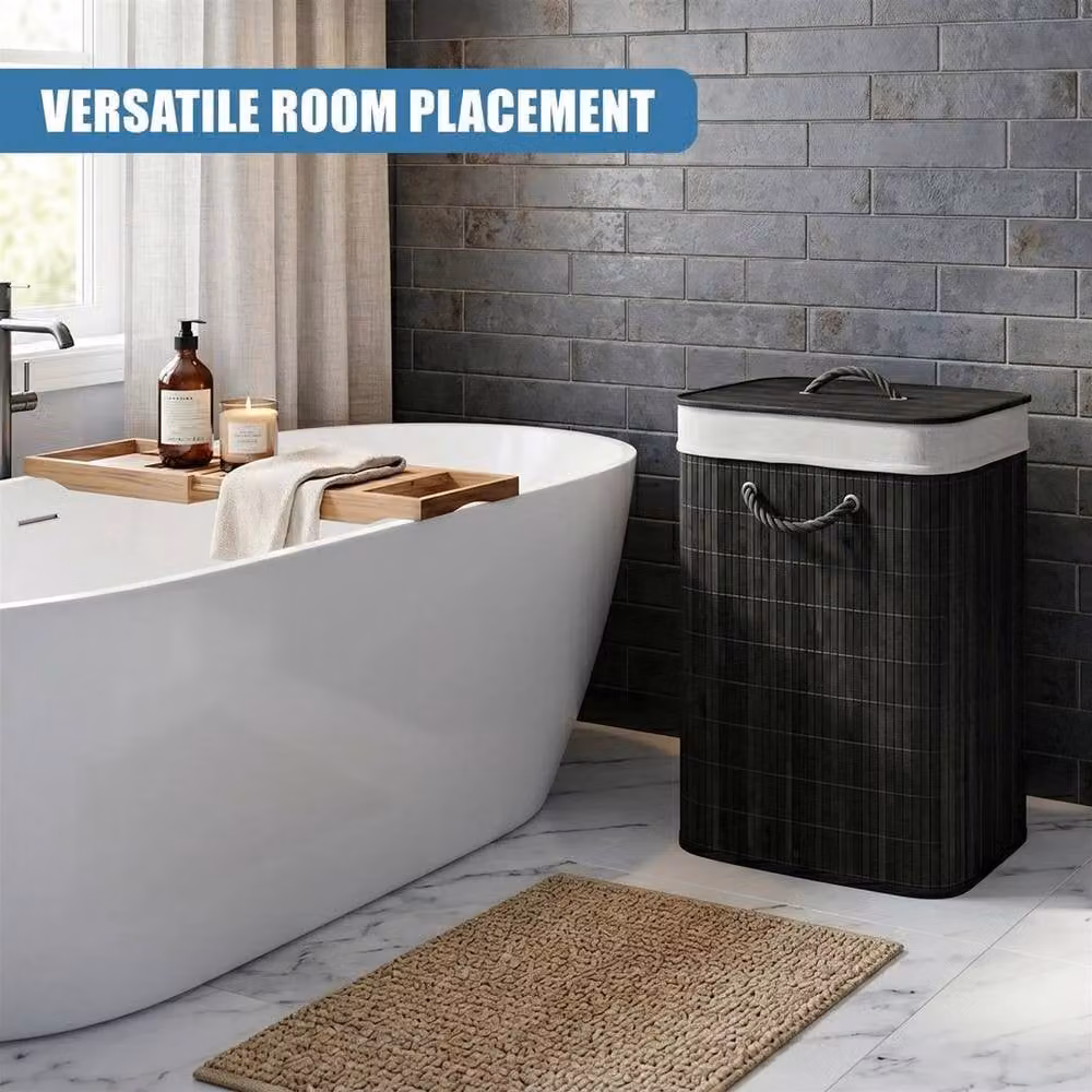 KORVIXA Bamboo Laundry Hamper with Lid and Removable Bag in Black and Grey, W/D/H: 100 x 100 x 72 cm – 3