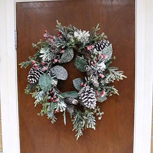 Shatchi Frosty Green Christmas Wreath with Mixed Leaves and Flowers, Diameter: 60 cm – 2