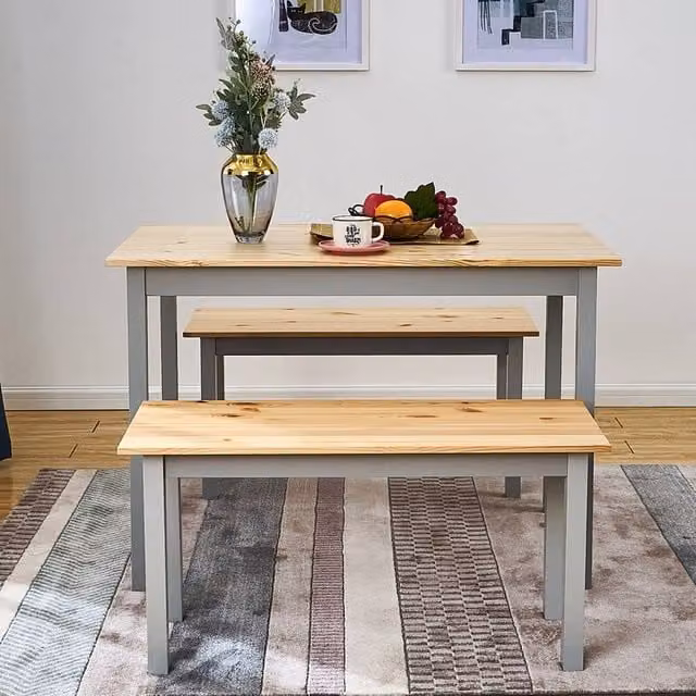 Kelvenix Modern Rectangular Solid Wood Dining Table with Bench and Chairs Set in Grey – 1