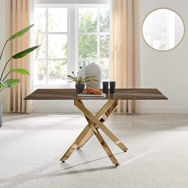 FurnitureboxUK Leonardo 6-Seater Rectangular Dining Table with Marble Effect Glass Top and Gold Metal Legs in Dark Brown – 1