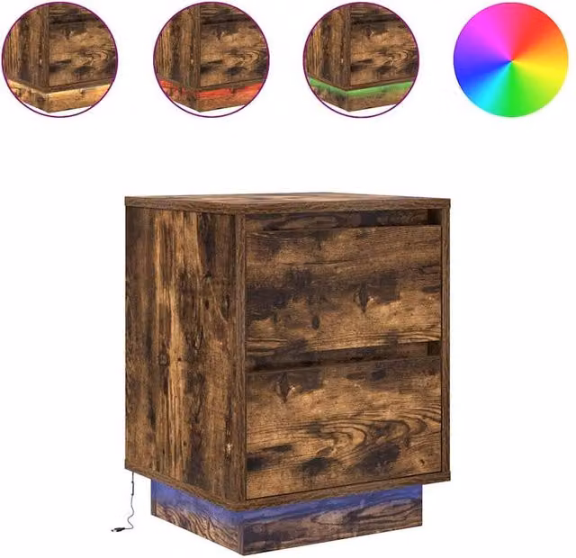 Berkfield Home Set of 2 Bedside Cabinets with Integrated LED Lights in Smoked Oak, W/D/H: 38 x 34 x 50 cm