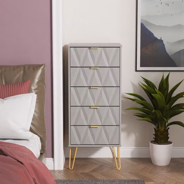 Ready Assembled 2 U Dallas 5 Drawer Tall Bedside Chest in Grey and Gold