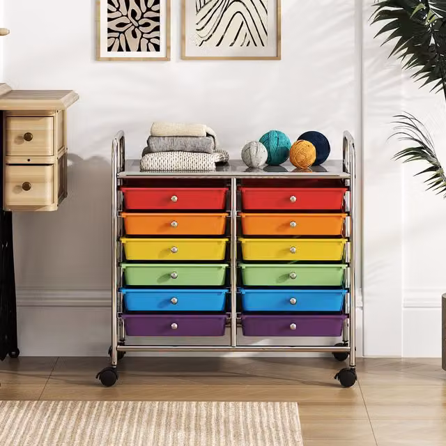 COSTWAY Multicolour Utility Storage Cart with 12 Drawers and Castors