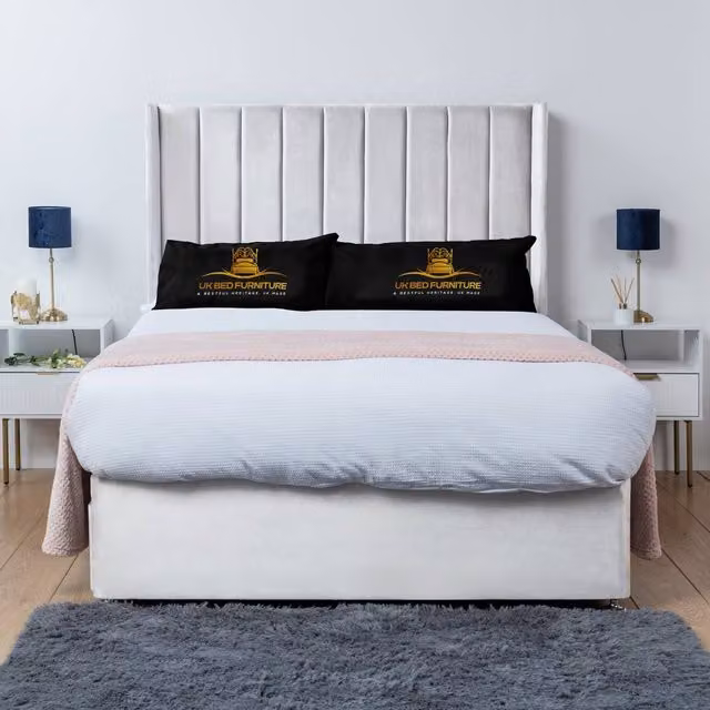 UK Bed Furniture Bella Wingback Divan Bed Base with 54 Inch Headboard in White, Super King, W: 200 cm x D: 200 cm