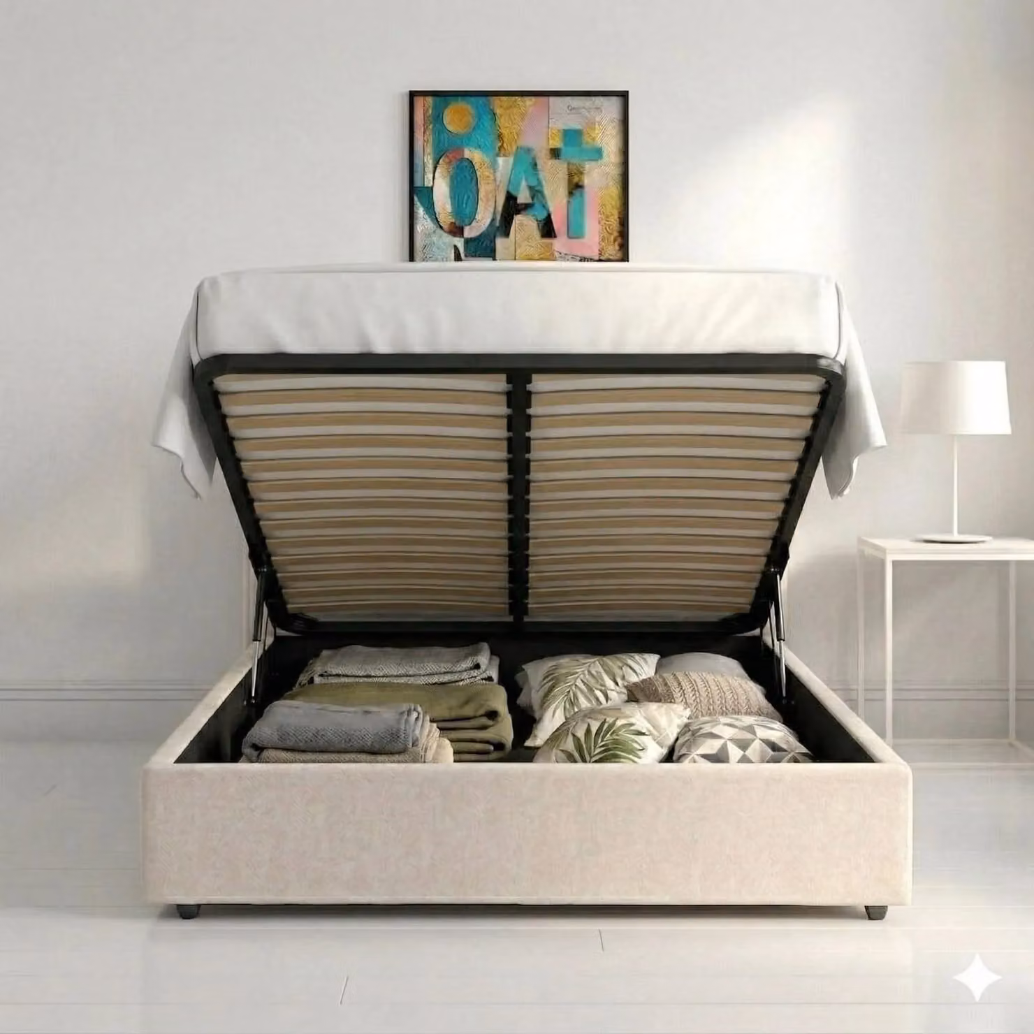 OAT Home Delamere Modern Low Headboard Upholstered Ottoman Storage Bed Frame in Natural Beige/Brown, Size: King (180 x 200 cm) – 2