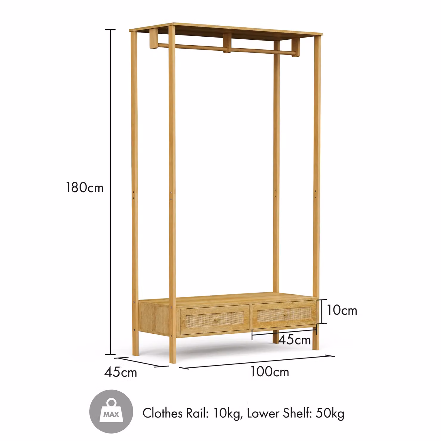 VonHaus Sienna 2 Drawer Rattan Fronted Bedroom Clothes Rail in Brown and Gold – 2