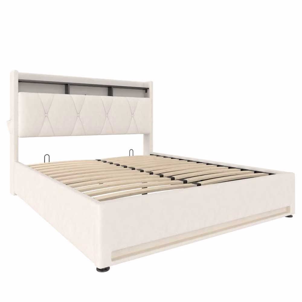 BTM Double Upholstered Hydraulic Storage Bed with LED Lighting and USB Type-C Charging, Beige, W/D/H: 135 x 190 x 53.5 cm – 7