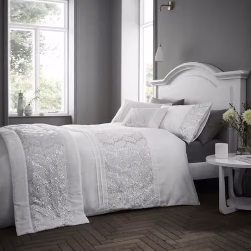 Portfolio Home Rouen White Geometric Embellished Sequins Double Duvet Cover and Pillowcase Set, W/D/H: 200 x 200 cm and 50 x 75 cm