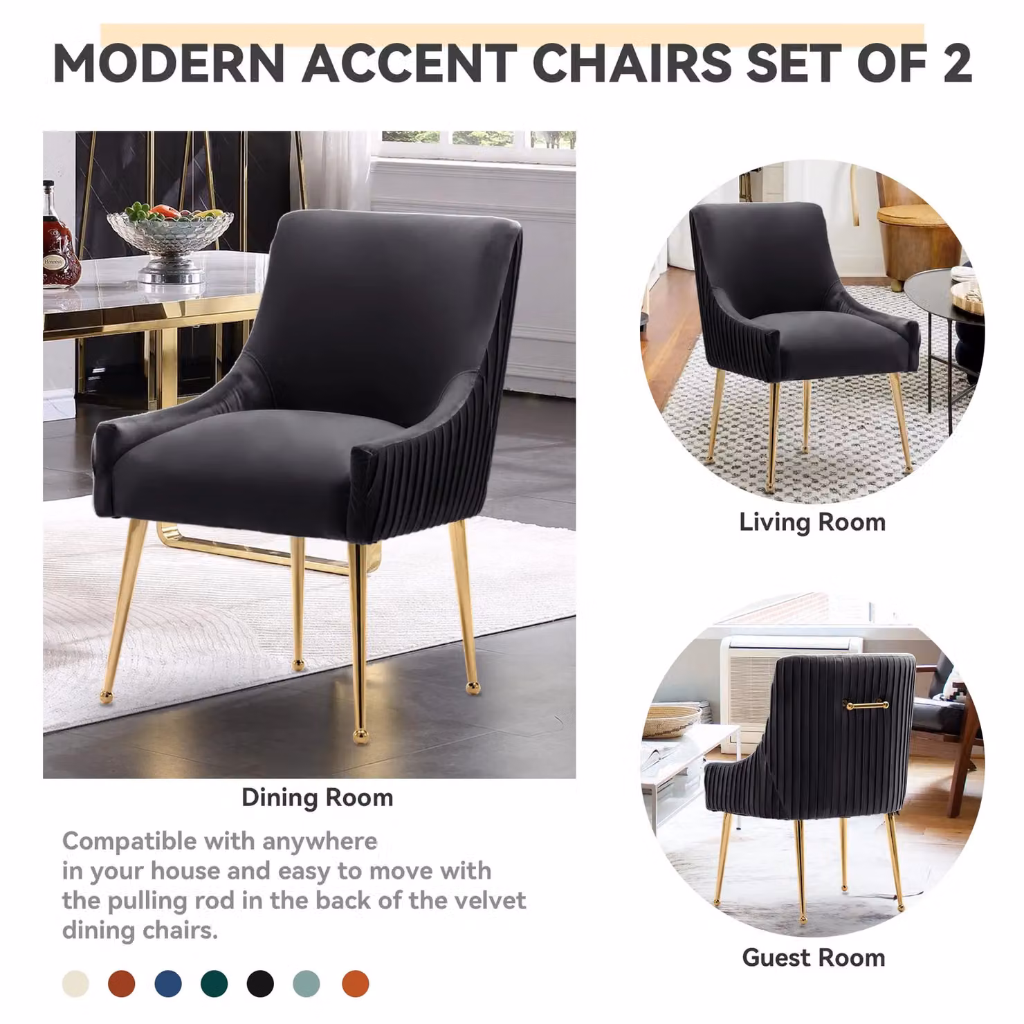 SEYNAR Set of 2 Modern Upholstered Velvet Dining Chairs with Gold Metal Legs in Black – 5