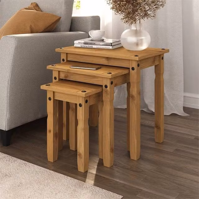 FLAVORA Set of 3 Nest of Tables in Brown Waxed Pine – 1