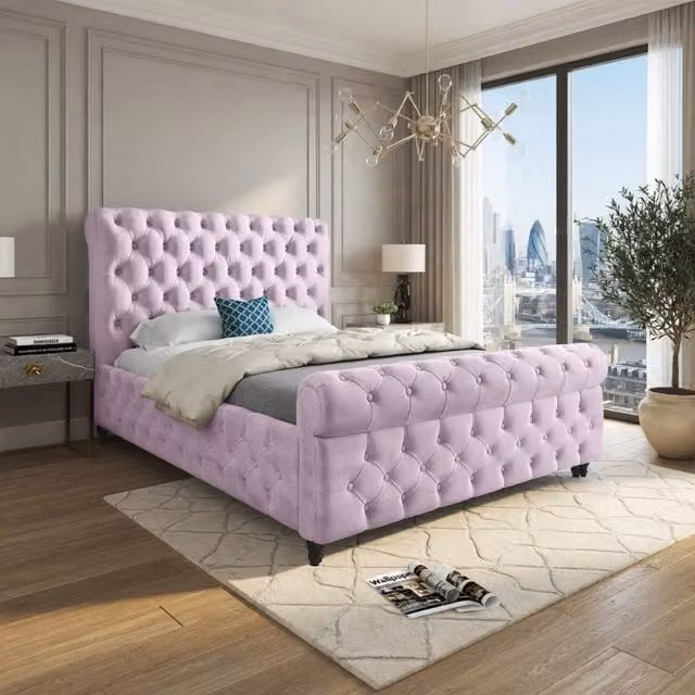 Casani Steventon Sleigh Upholstered Bed Frame in Pink Velvet, Size: Single, W/D/H: 90 x 190 x 119 cm