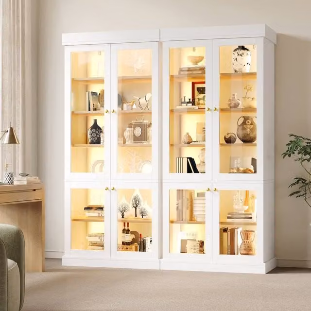 Matteo Modern Tall Display Cabinet with Glass Doors and Integrated LED Lighting in White