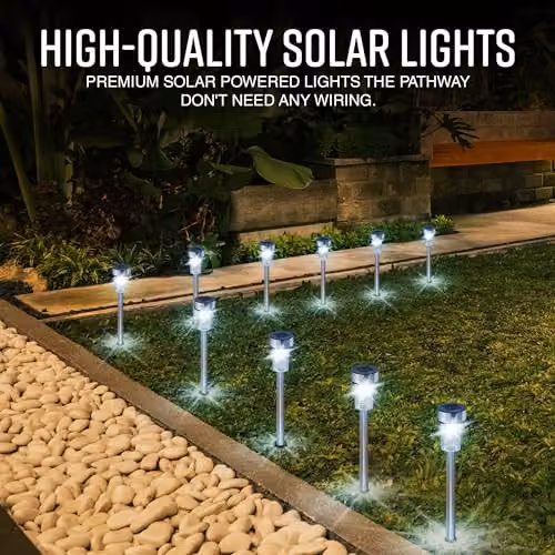 Globrite Pack of 10 Silver Stainless Steel LED Solar Garden Lights with Ground Spike and Warm White Dusk Sensor Light Effect – 3
