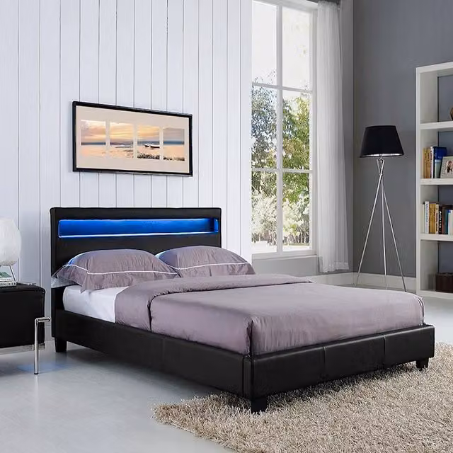 Canis Black LED Faux Leather Upholstered Double Bed with Under-Bed Lighting, W/D/H: 140 x 200 cm