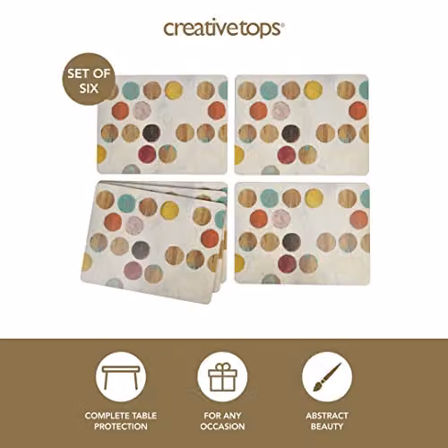 Creative Tops Retro Dotted Placemats Set of 6, Multicolour and Cream, Cork-Backed, W/D/H: 30.0 x 30.0 x 0.25 cm – 2