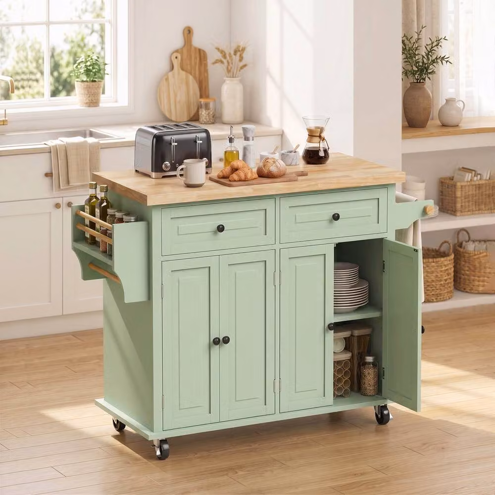HOMCOM Modern Rolling Kitchen Island Cart with Rubberwood Top in Light Green – 2