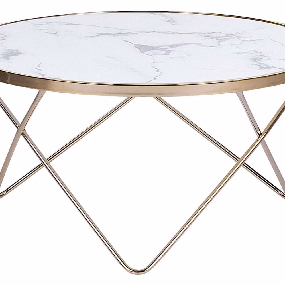 Wyld and Coco Round Marble-Effect Glass Coffee Table with Gold Hairpin Legs, White, Diameter: 80 cm, Height: 40 cm – 2