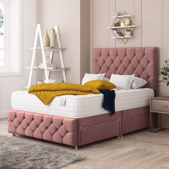 Bed Choices Regency Divan Bed with 4 Drawers, Mattress and 54 inch Floor Standing Headboard, Pink Velvet, W/D/H: 140 x 200 cm