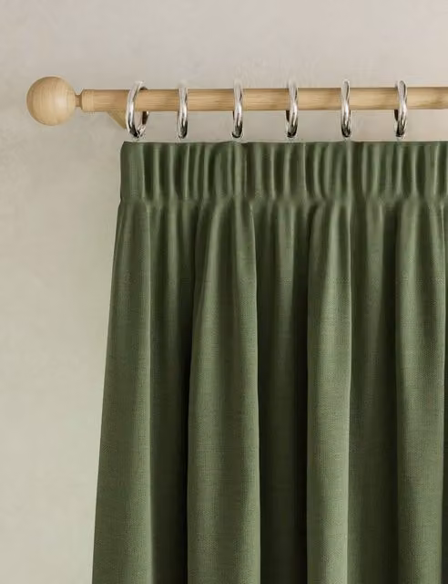 M&S Brushed Pencil Pleat Blackout Thermal Curtains, Green, Width: 229 cm, Height: 117 cm