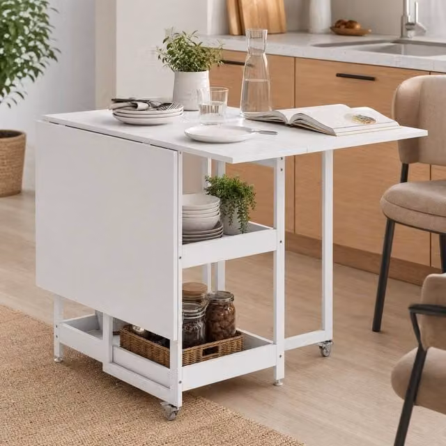STILVORA Modern White Rectangular Dining Table with Drop Leaf and Storage