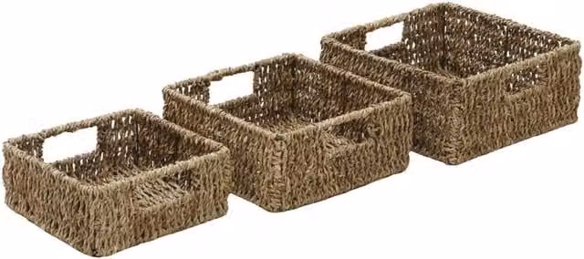 MantraRaj Set of 3 Brown Seagrass Storage Baskets with Handles and Open Weave Design