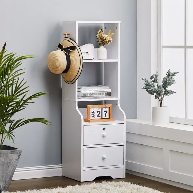 Livingandhome Narrow Bedside Table with Compartments and Drawers in White, W/D/H: 37 x 37 x 114.5 cm