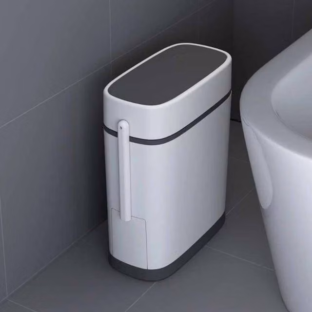 SPETLEK Slim Narrow White Plastic Toilet Bin with Flip Lid and Brush – 1