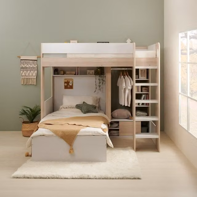 Flair Hampton Bunk Bed in Brown and White with Stairs and Side Compartments