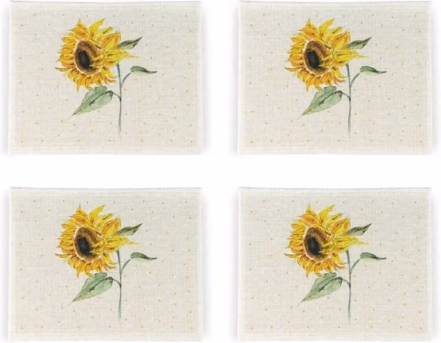 Purely Home Sunflowers Linen Placemats, Set of 4, White and Yellow Floral Square Design