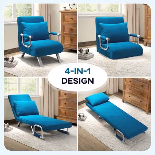 HOMCOM Blue Microfibre Click Clack Convertible Single Chair Bed with Metal Frame and Armrests – 5