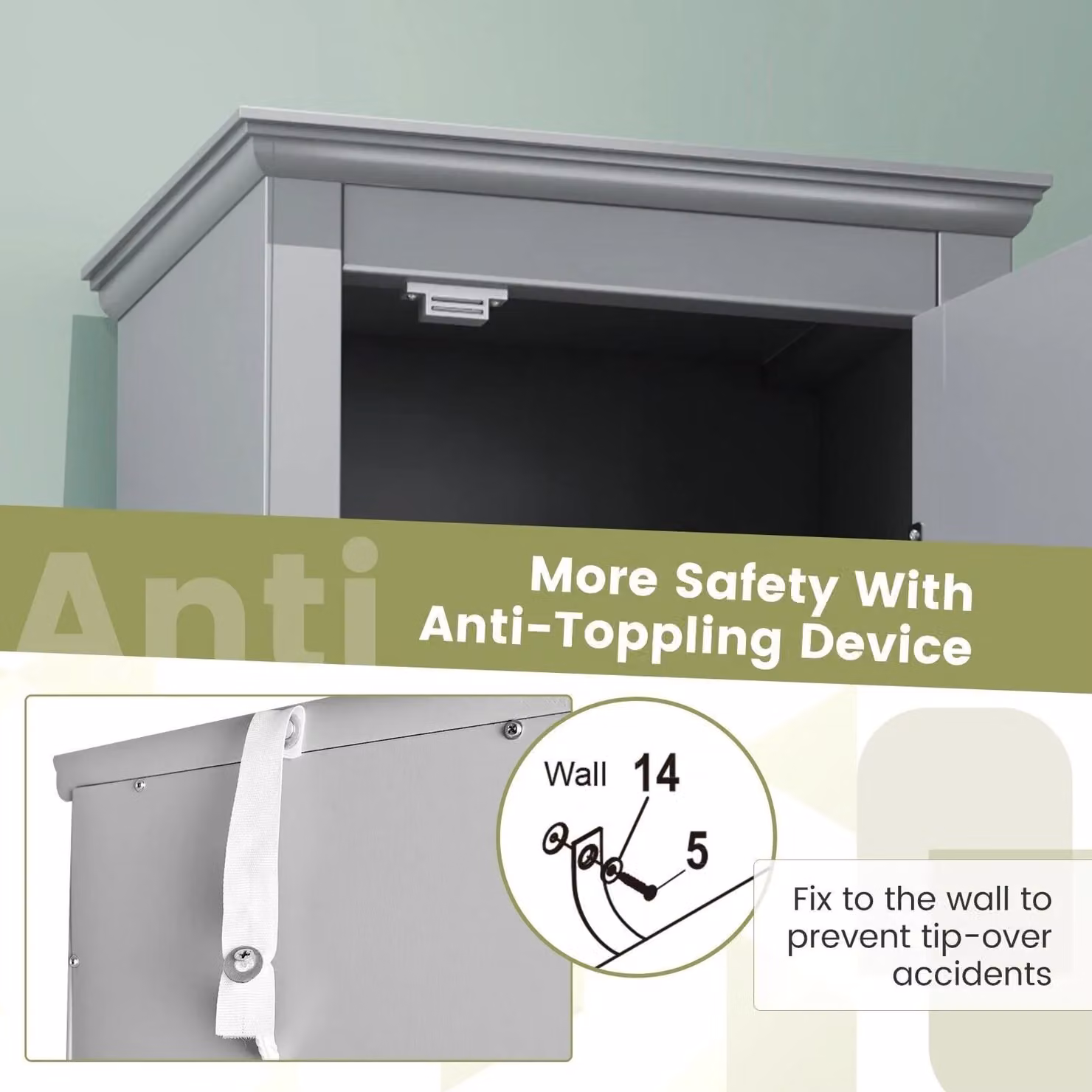 Costway 5-Tier Slim Bathroom Tall Storage Cabinet with 2 Hinged Doors in Grey – 6